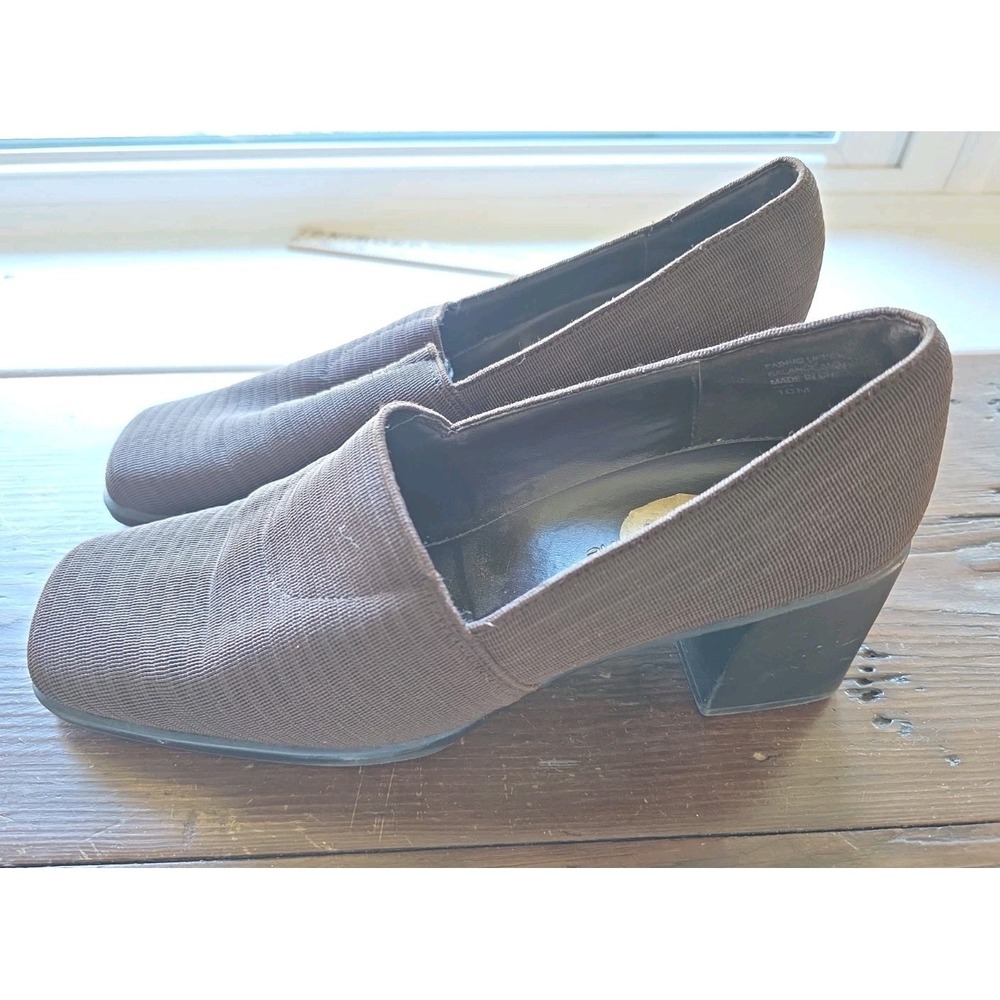 Liz Claiborne Brown Block Heels Womens 10 Ribbed Square Toe Slip On Fabric Pumps